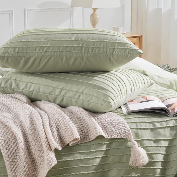 NEXHOME PRO Twin Duvet Cover, Blue 2 Pieces Boho Tufted Twin Size Duvet Cover Set, Soft and Lightweight Microfiber Comforter Cover Set for All Season (Sage Green,66 x 90)-No Comforter