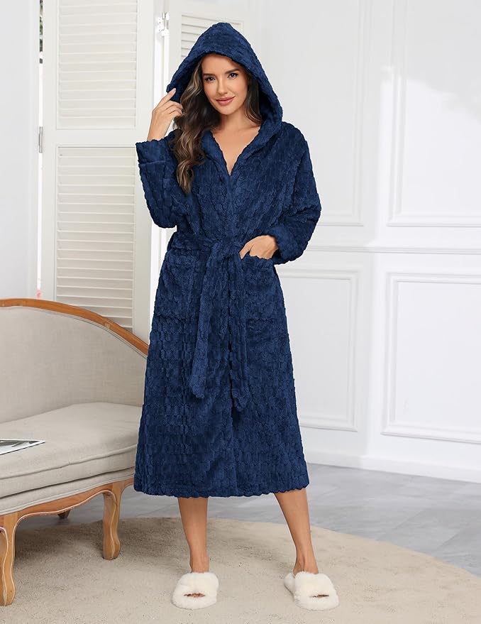 Ekouaer Womens Plush Robes Long Soft Jacquard Fluffy Bathrobe Hooded Robe Sleepwear with Pockets