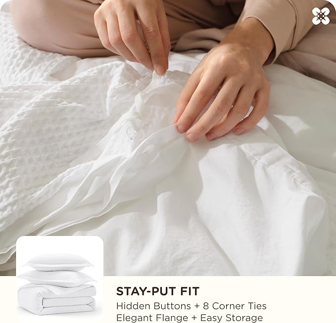 Bedsure Cotton Duvet Cover Set - 100% Cotton Waffle Weave Coconut White Duvet Cover Oversized King Size, GentleSoft™ and Breathable Bedding Set for All Season, 3 Pieces, 120"x98"