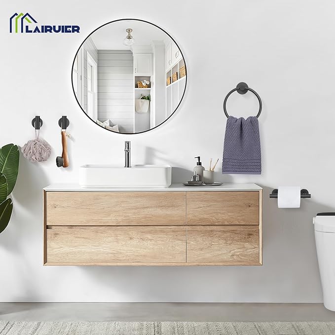 Black Bathroom Hardware Set, 4-Piece Towel Holder Set Include Double Bases Toilet Paper Holder,Towel Ring and 2 Towel Hooks Stainless Steel Wall Mounted Bathroom Hardware Accessories Set