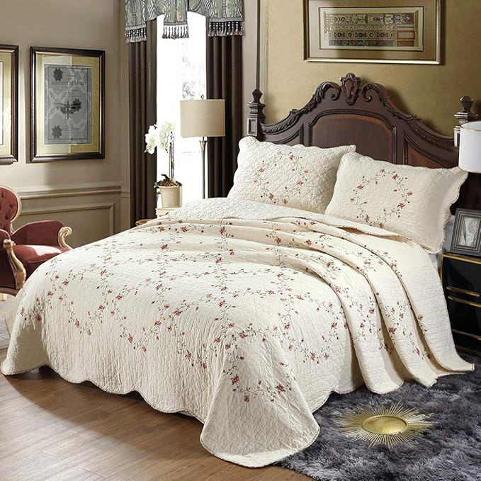 vctops 3-Piece Floral Embroidered Bedspread Coverlet Set Twin Size 100% Cotton Reversible Patchwork 1 Quilt and 2 Pillow Shams (Flower,Twin)