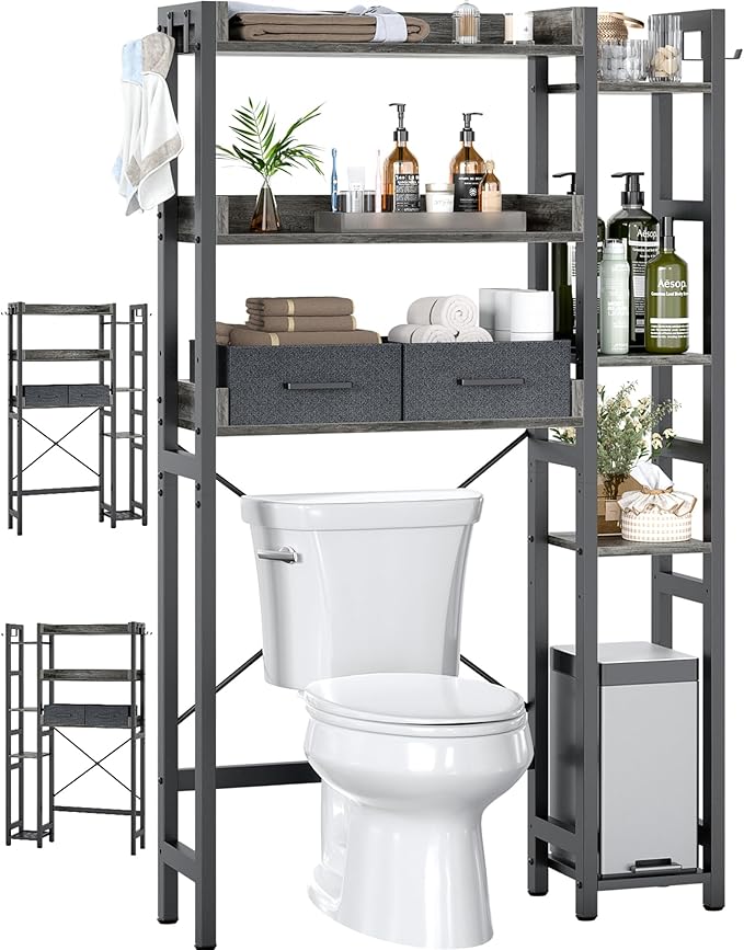 Over The Toilet Storage with 2 Drawers - 7 Tier Bathroom Organizer with Adjustable Shelf, Freestanding Space Saver Storage Rack Above Toilet Stand with 4 Hooks for Restroom, Laundry, Grey Oak