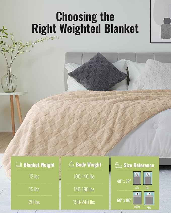 Uttermara Sherpa Fleece Weighted Blanket Queen Size(20lbs, 60" x 80", Khaki), 3D Jacquard Checkered Warm Sherpa Heavy Blanket for Adults, Soft Fuzzy Weighted Blankets for Couch Bed Sofa