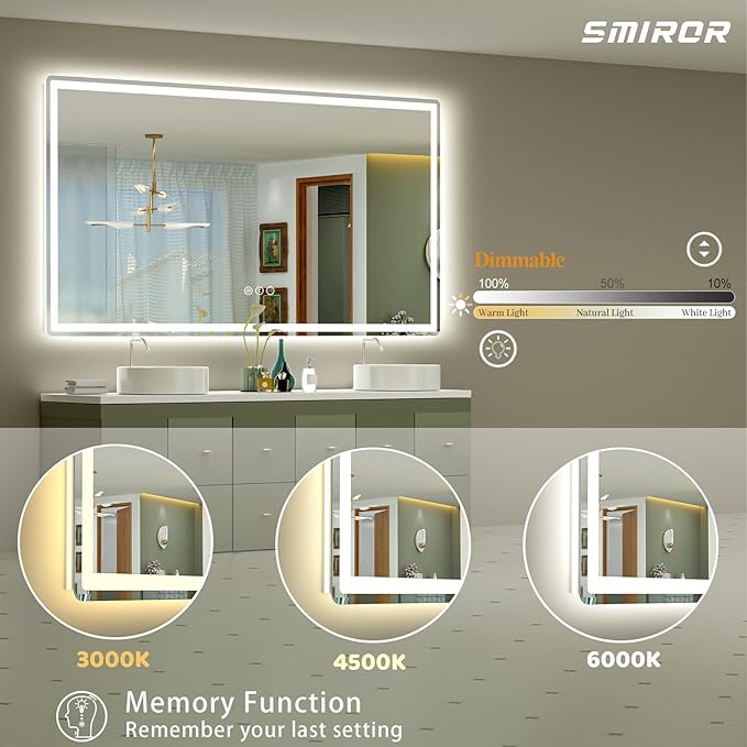 SMIROR LED Bathroom Mirror with Lights 60"x 40", Rounded Rectangle Lighted Vanity Mirror for Wall, Front Lit and Backlit, 3 Colors, Dimmable, Anti-Fog, Tempered Glass (Horizontally/Vertically)