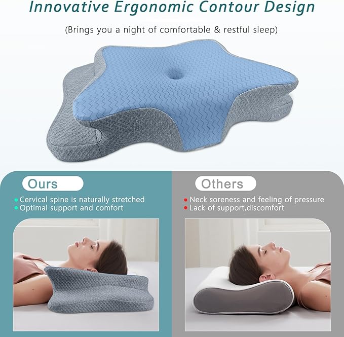 Cervical Pillow for Neck Pain Relief, Memory Foam Pillow, Ergonomic Contour Bed Pillow, Soft for Side Sleep Stomach Sleeping and Back Sleepers