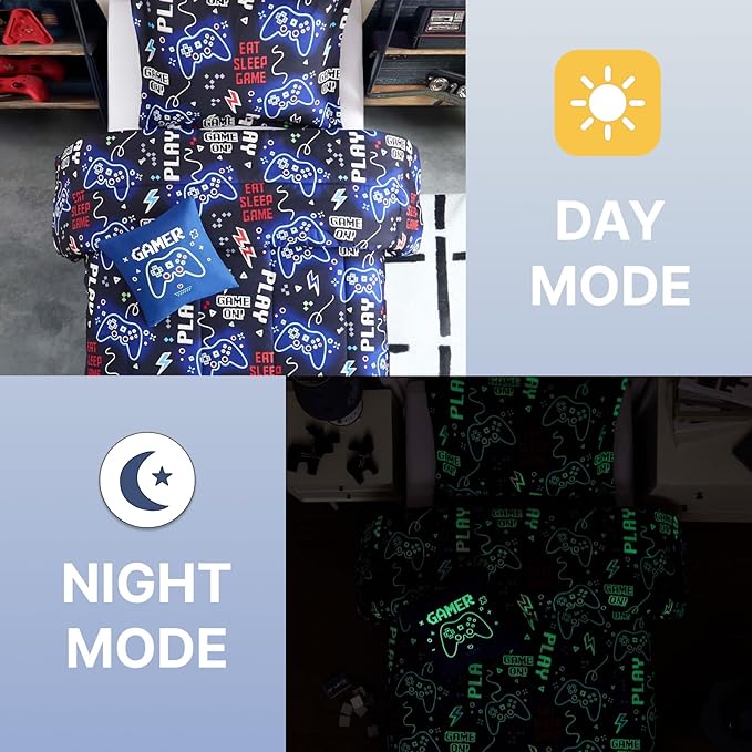 Twin Comforter Set for Boys-3 Pieces Gamer Glow in The Dark Twin Bedding Sets for Kids,1 Comforter,1 Sham and 1 Decor Pillow