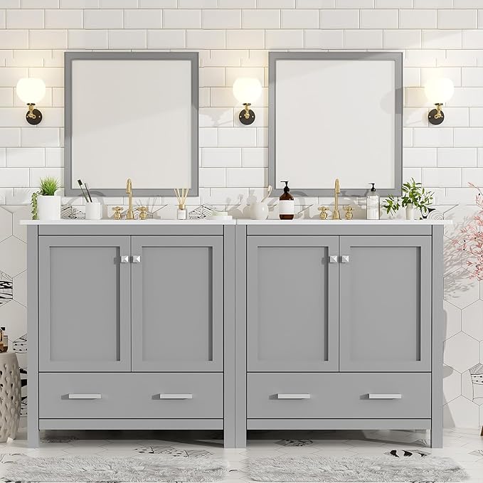 60" Bathroom Vanity Set with Double Vanities, Double Ceramic Sinks, Storage Shelf, Soft Closing Doors, Divided Drawers (Mirror not Included), Large Bathroom Vanity Sink Set (Grey)