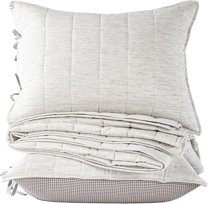 White Twin Quilt， Cotton Linen Twin Quilt Bedding Set，2-Pieces Quilted with Grey Gingham Coverlet Light Weight Bedding comforters with 1 Pillow Sham