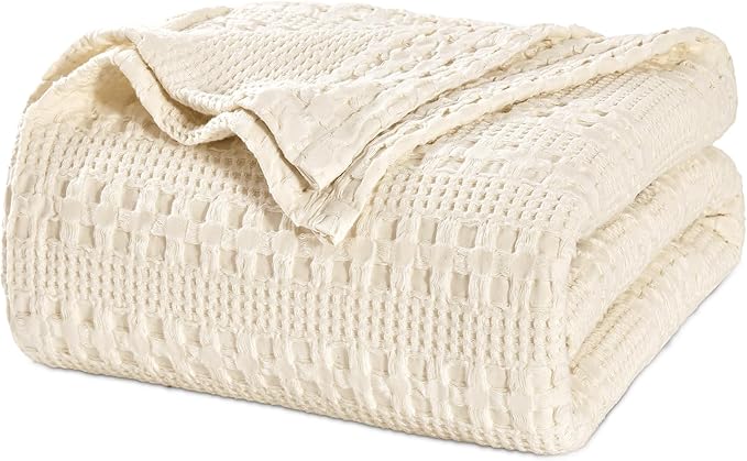 PHF 100% Cotton Waffle Weave Blanket King Size for Bed, Soft Lightweight & Breathable, All-Season Comfort, Luxury Aesthetic Woven Bedding for Home Decor, 108"x90", Natural
