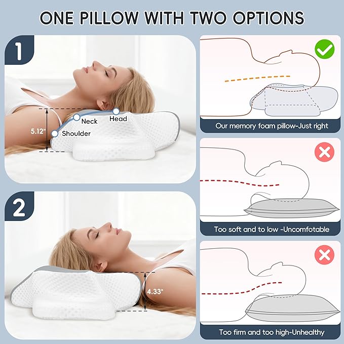 Cervical Neck Pillow for Pain Relief, Ergonomic Contour Pillow for Sleeping, 2 Heights Cooling Pillow for Neck and Shoulder Support, Memory Foam Orthopedic Pillow for Side Back Stomach Sleepers Grey