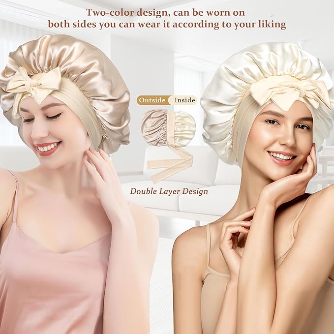 100% Mulberry Silk Bonnet for Sleeping Women Double Layer Silk Hair Bonnet Natural Silk Sleep Cap with Elastic Reversible Hair Wrap (Champagne+Beige)