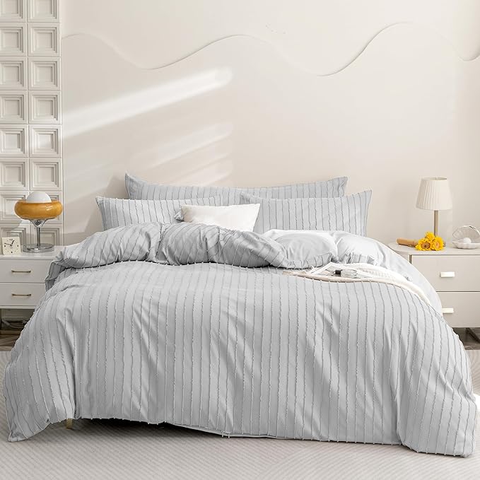 JELLYMONI Duvet Cover Twin Size Light Grey - 3PCS Boho Striped Duvet Cover Set Polyester Tufted Bohemian Textured Comforter Cover 68×90in with Corner Ties & Zipper and 2 Pillowcases