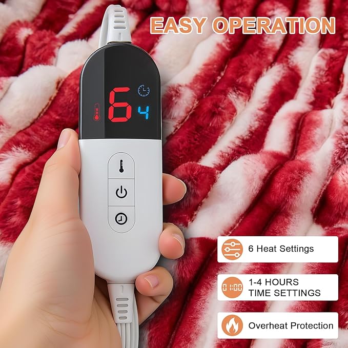 Heated Blanket Throw - 50"x60" Fast Heating Bed Electric Blankets Throw with 6 Heating Levels & 4 Hours Auto Off, Soft Ribbed Faux Fur Sherpa, Over-Heated Protection ETL, Red