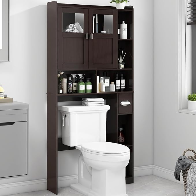 Vabches Over The Toilet Storage Cabinet, Bathroom Shelf Over Toilet with Glass Doors and Adjustable Shelves, Espresso Freestanding Home Space Save Toilet Rack for Restroom, Bathroom, Laundry