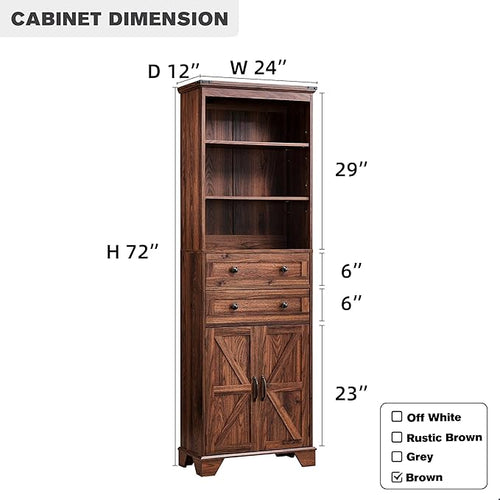 ACCOHOHO 72" Tall Bathroom Storage Cabinet, Farmhouse Storage Cabinet with Adjustable Shelves, Barn Door & 2 Drawers, Cabinet for Bathroom, Living Room & Kitchen, Brown