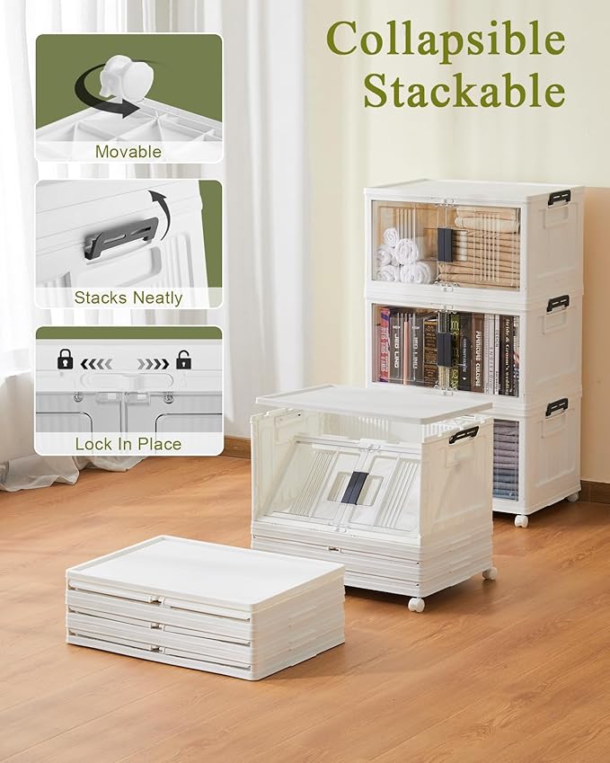 OlarHike 144QT Lockable Storage Bins with Lids - Folding Storage box with Doors and Wheels, Collapsible Plastic Bins for Closets, Stackable Organizer and Containers, Christmas Gifts, 3 Pack Cubes