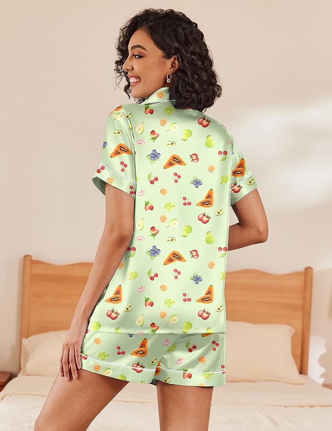 Ekouaer Pajamas for Women Set Silk Satin Pjs Shorts Sleepwear 2 Piece Loungewear S-XXL