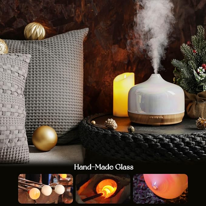 Porseme 500ml Glass Essential Oil Diffuser Aromatherapy Ultrasonic Cool Mist Humidifier 15-21 Running Hours Waterless Auto-Off Air Diffusers for Sleeping Yoga Office Working Spa and Rest (White Jade)