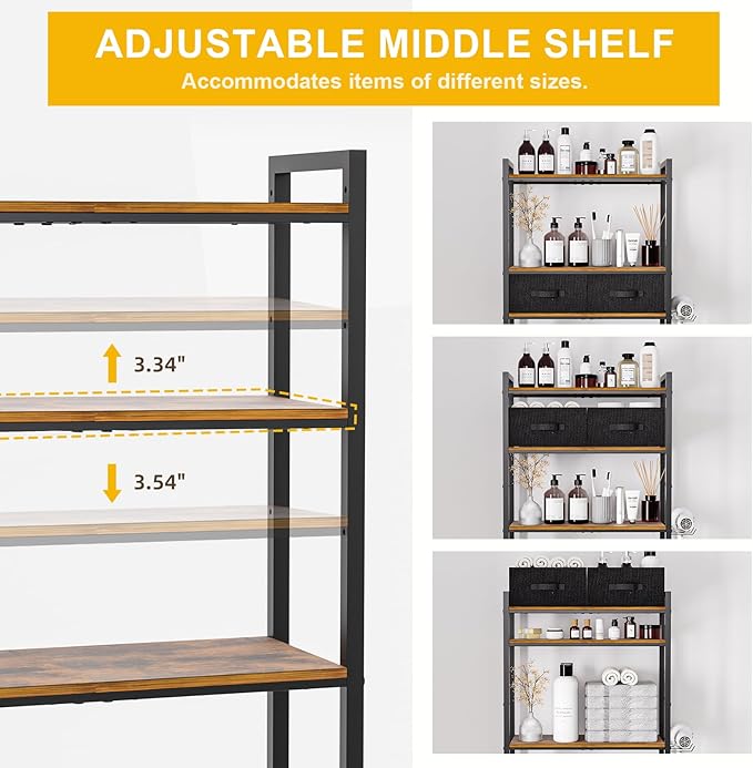 4-Tier Over Toilet Bathroom Organizer with 2 Drawers, Wooden Over Toilet Storage with Adjustable Shelf, Paper Holder, Hooks, 23.6" W Freestanding Bathroom Shelves Over Toilet Space Saver