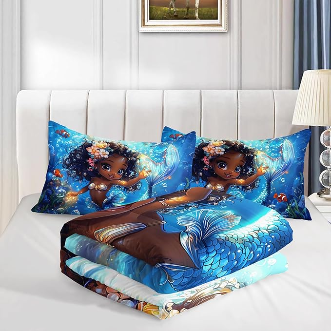 Black Little Mermaid Pattern Full Comforter Set,Underwater World Ocean Themed Bedding Sets for Kids Toddlers Girls Boys Room Decor,Princess Bedding with 2 Pillowcases.