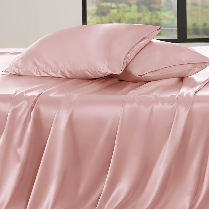 Bedsure Satin Sheets King Size - 4 Piece Silky Bedsheets with 15 Inches Deep Pocket Fitted Bedsheet,1 Flat Sheet, 2 Satin Pillowcases, Good for Hair & Skin (King, Blush Pink)