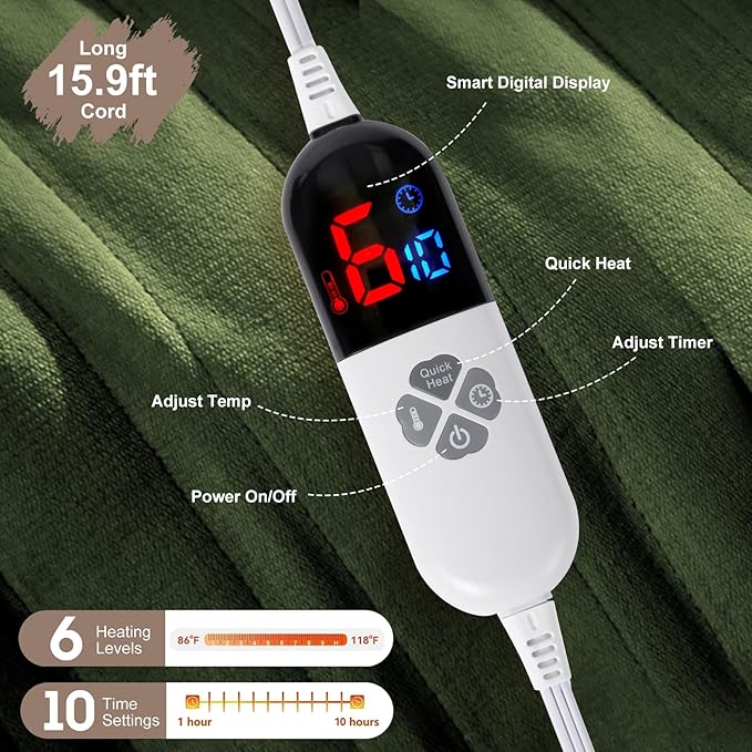 Electric Blanket Full Size Fast Heating- 72 x 84 Inch Heated Blanket Full with 6 Heat Settings, 10 Hours Timer Settings, Overheat Protection, Washable Heating Blanket for Bed Couch, Green