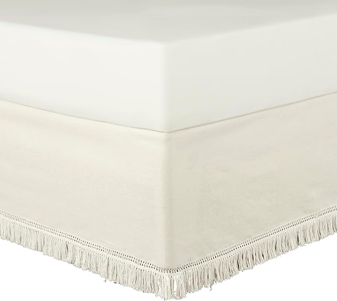 Lush Decor Boho Fringe 15-Inch Tailored Drop Easy Fit Bedskirt, Queen, Off-White
