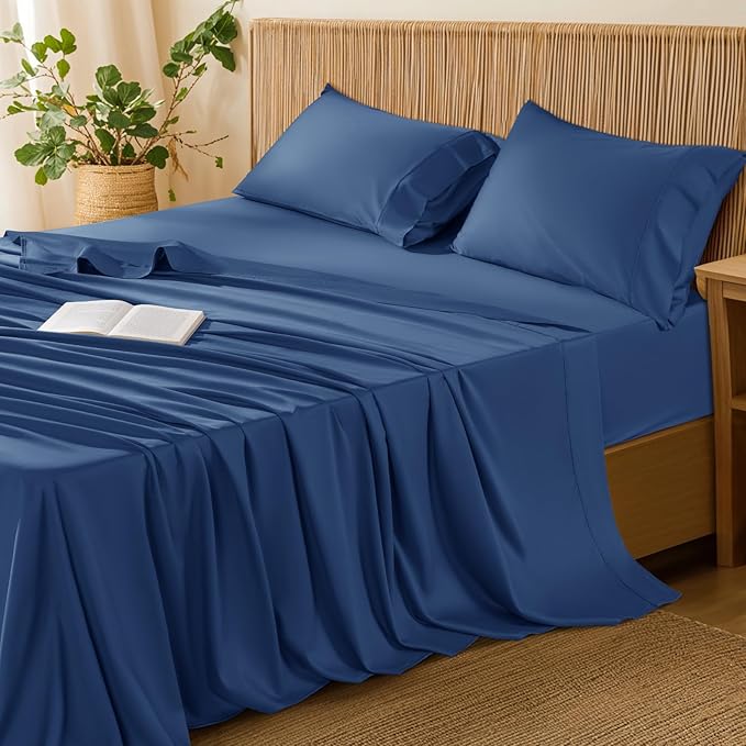 LBRO2M 100% Cotton Sheets Set King Size 600 Thread Count Sheet 4 Piece Sets Bed Sheet Deep Pocket Up to 16" Soft Comfortable All Season (King, Navy Blue)
