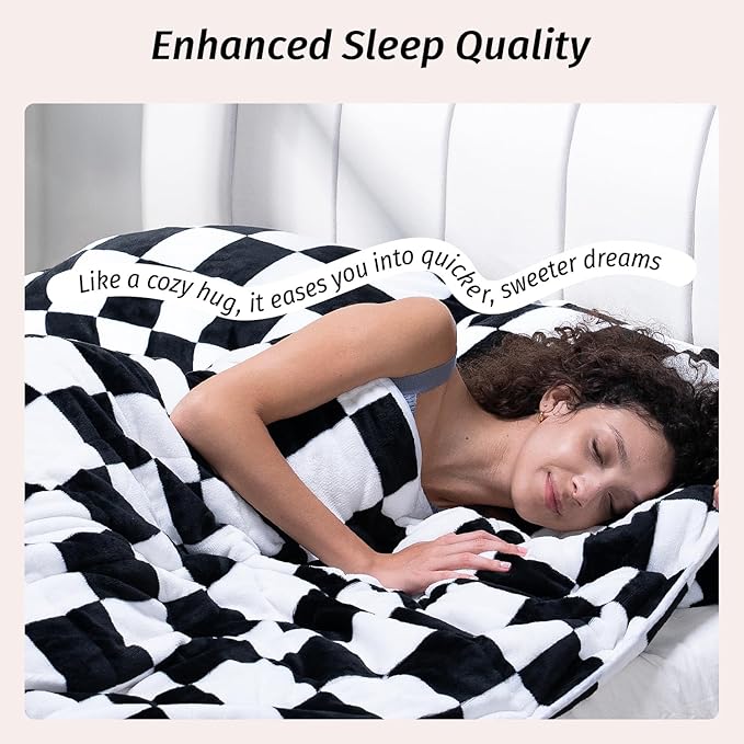Wemore Flannel Fleece Weighted Blanket for Adult Queen Size 15 lbs, Dual Sided Luxurious Checkerboard Grid Heavy Blankets, Ultra Soft Throw Blanket, Plaid Black, 60 x 80 inches