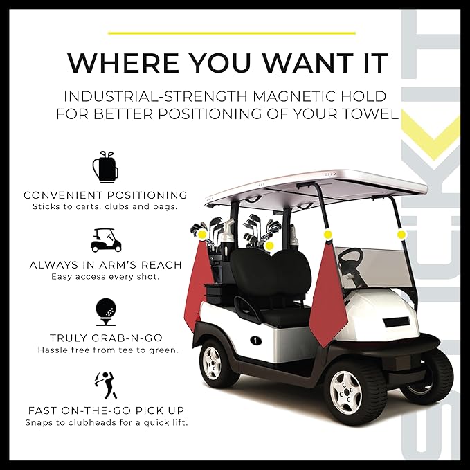 STICKIT Magnetic Golf Towel, Red, Premium 29" Microfiber with Deep Waffle Pockets, Industrial Strength Magnet for Secure Hold to Golf Carts & Clubs, Ultra-Absorbent, Fast-Drying, Easy-Clean Design