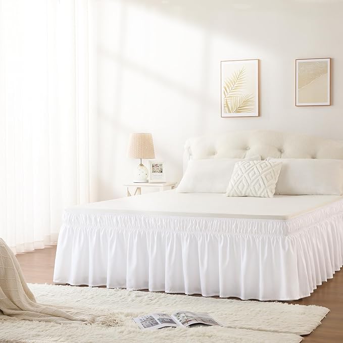 RIMELA White Bed Skirt Queen Size 12 Inch Drop, Elastic Bed Skirting for Bed Base and Frame, Bedding Dust Ruffle Easy to Install, Lightweight Wrap Around Adjustable Bedskirt