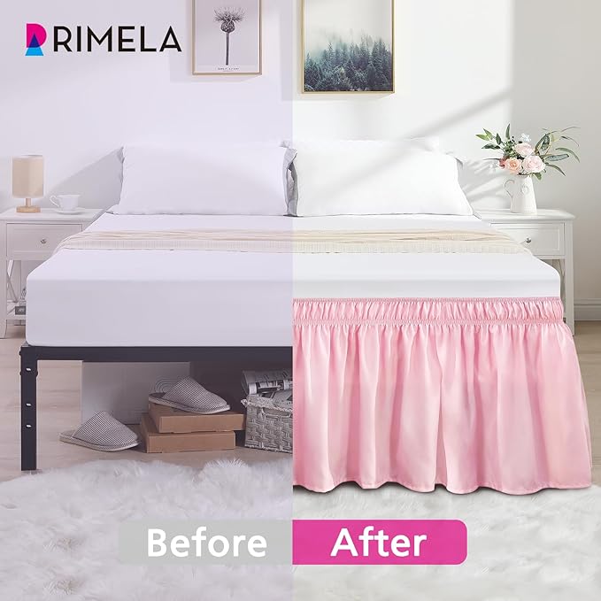 RIMELA Dusty Pink Bed Skirt King Size 18 Inch Drop, Wrap Around Elastic Bedskirt, Dust Ruffle for Adjustable Bed Base Machine Washable Easy to Install Bed Skirts