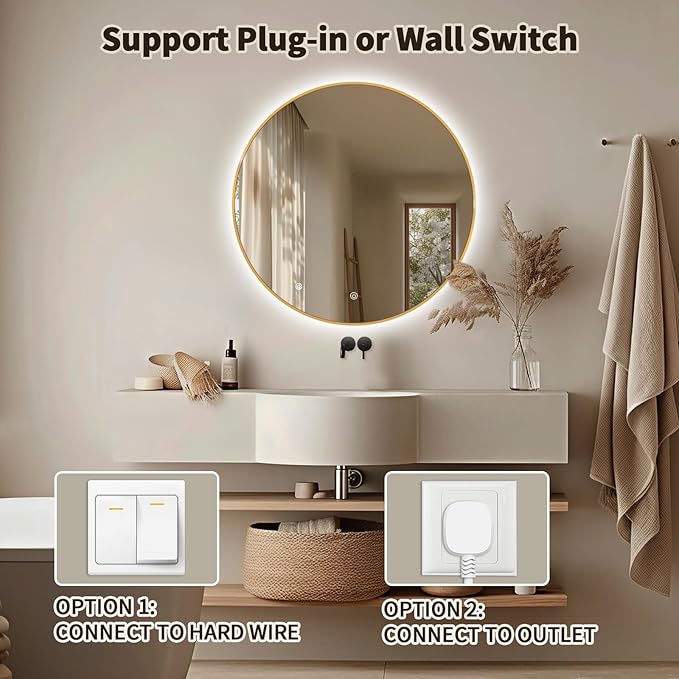 Niccy 28" LED Backlit Round Mirror for Bathroom, Gold Framed Vanity Light Wall Mirror LED Smart Circle Mirrors with 3 Lighting Colors, Dimmable Lighted Mirror with Anti-Fog, IP65 Waterproof