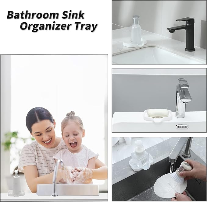 Silicone Bathroom Soap Dishes with Drain Spout-Bathroom and Kitchen Sink Organizer,Sponge Holder,Dish Soap Tray,Perfect for Dispenser,Scrubber,Bottle,Cup on Sink or Counter-White 4.9"×3.2"
