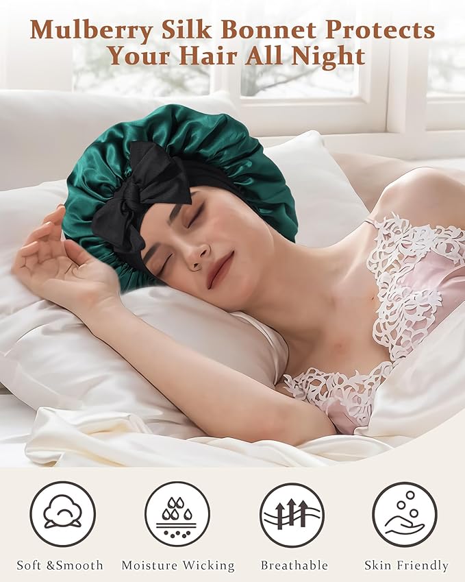 100% Mulberry Silk Bonnet for Sleeping Women Double Layer Silk Hair Bonnet Natural Silk Sleep Cap with Elastic Reversible Hair Wrap (Black+Green)