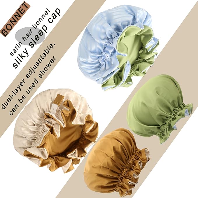 Satin bonnet 2PCS silk hair bonnet cap for women reversible for sleeping Adjustable Night sleep cap for curly natural hair double-layer and Washable Can Be Used Shower (Apricot &Blue stripe)
