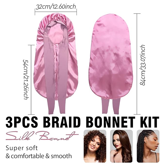 3Pcs Bonnets for Black Women Braid Bonnet, Large Long Satin Bonnet for Braids, Black Women Satin Silk Bonnet with Stretchy Tie Band Sleep Bonnet Cap for Long Curly Hair (Black & Dark Blue & Rose Pink)