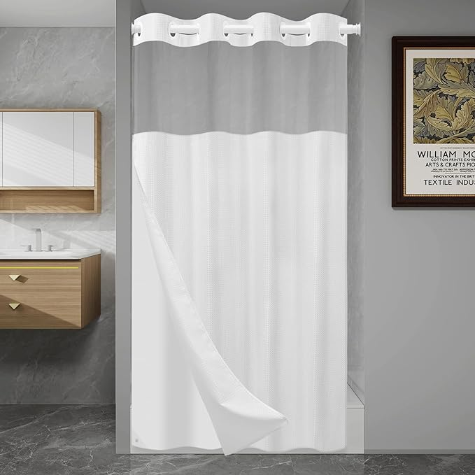 No Hook Shower Curtain with Snap in Liner Set Waffle Shower Curtain for Bathroom Hotel Style Fabric Waterproof Inner Liner，36" W x 74" H, White