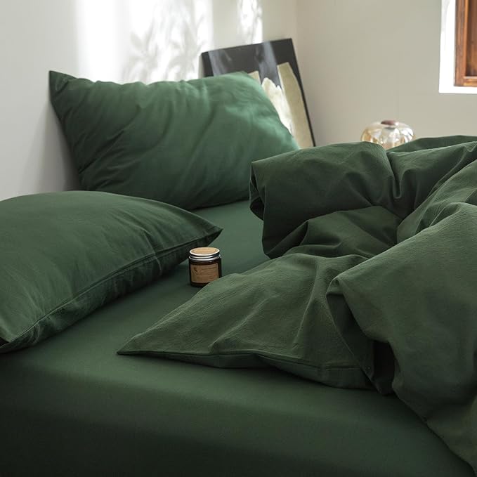 FOSSA Duvet Cover Set 100% Washed Cotton Linen Feel Super Soft Breathable Cozy 3 Pieces Bedding Sets Solid Forest Green Queen