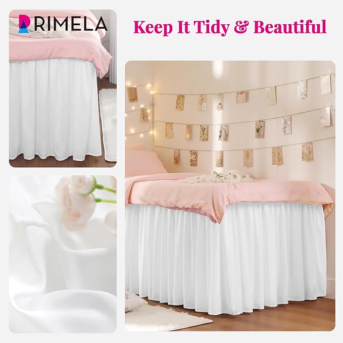 RIMELA Dorm Bed Skirt Twin XL 36 Inch Drop, Easy to Install Extra Long Wrap Around Elastic Dust Ruffle, White Bedskirt Solid Silky Fabric Machine Washable (Twin XL 80“L x 39”W & Twin 75“L x 39”W)
