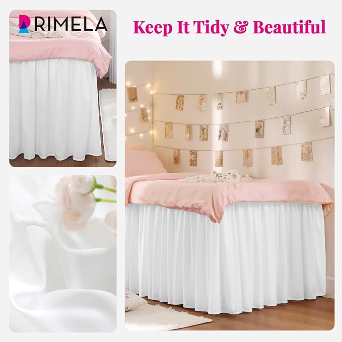 RIMELA Dorm Bed Skirt Twin XL 42 Inch Drop, Easy to Install Extra Long Wrap Around Elastic Dust Ruffle, White Bedskirt Solid Silky Fabric Machine Washable (Twin XL 80“L x 39”W & Twin 75“L x 39”W)