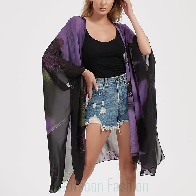 Women's Bohemian Floral Chiffon Beach Cover up Swimsuit Kimono Summer Swimwear Cardigans