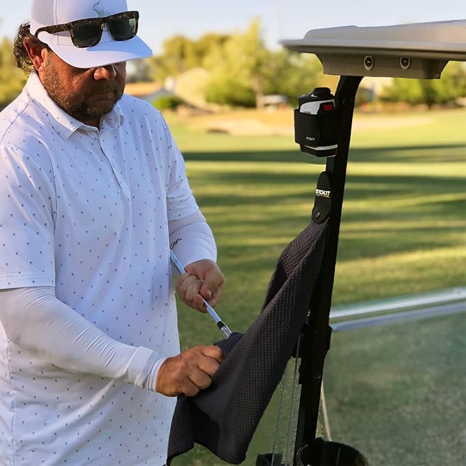 STICKIT Magnetic Towel, Black | 2-Pack | Top-Tier Microfiber Golf Towel with Deep Waffle Pockets | Industrial Strength Magnet for Strong Hold to Golf Carts or Clubs