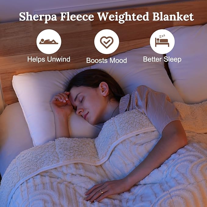 Sherpa Fleece Adult Weighted Blanket Great for Sleep, 15 lbs Dual Sided Soft Fuzzy Heavy Blankets for Couch Bed Sofa, Cozy Warm Arched Jacquard Throw for Winter (Cream White, 48" x 72", 15 Pounds)
