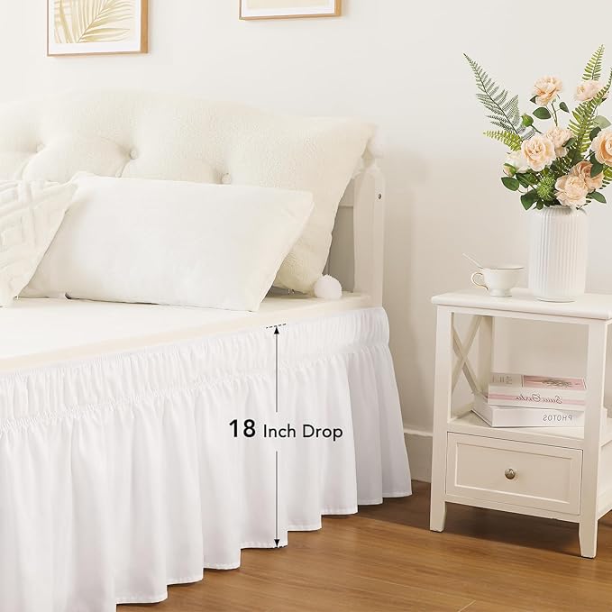 RIMELA White Bed Skirt Queen Size 18 Inch Drop, Elastic Bed Skirting for Bed Base and Frame, Bedding Dust Ruffle Easy to Install, Lightweight Wrap Around Adjustable Bedskirt