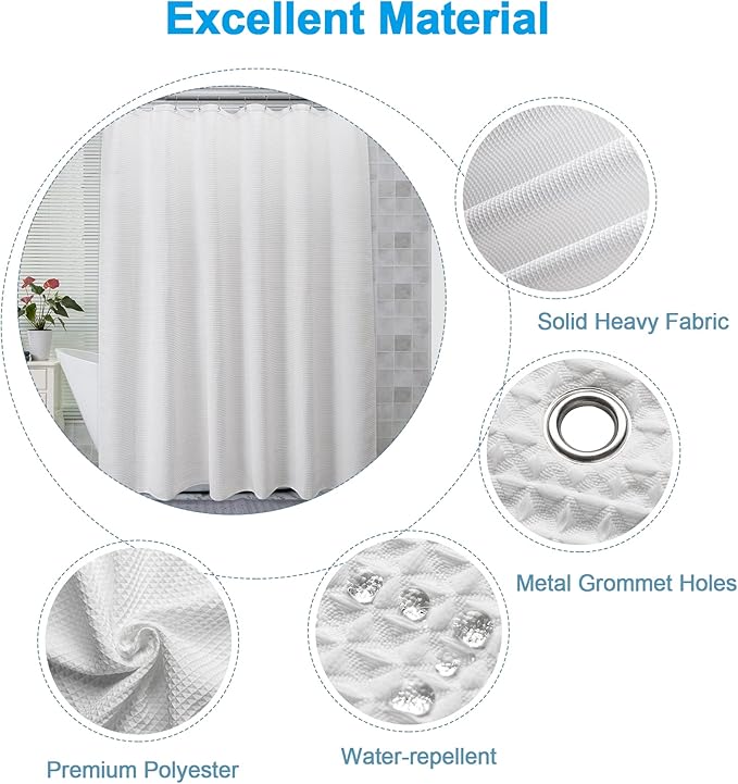 AmazerBath White Shower Curtain Fabric, Waffle Shower Curtain Polyester, Luxury Cloth Shower Curtains for Bathroom, Hotel Quality, Machine Washable, Heavy Duty, 72 x 72 Inches (Matte White)