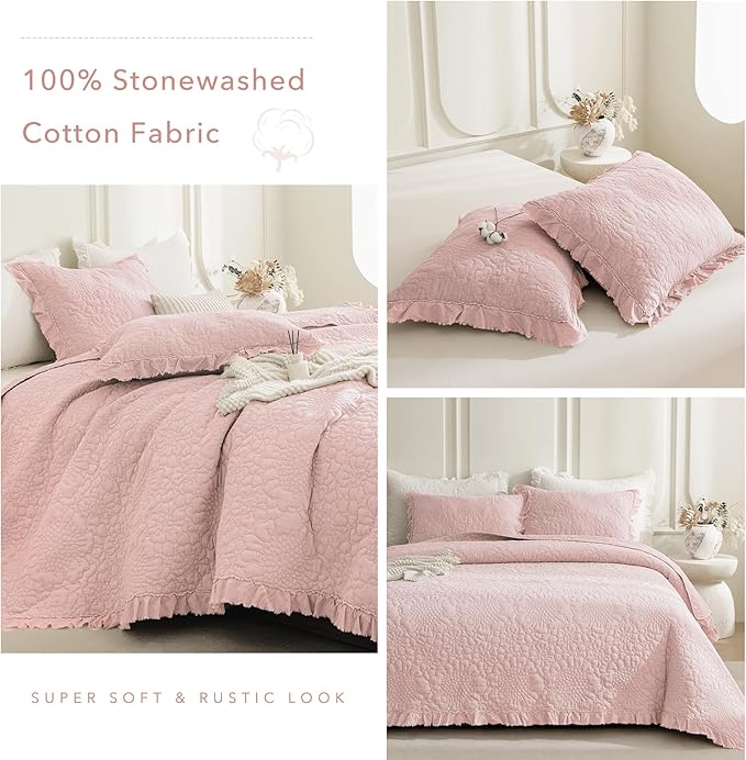 QSH 3PCs Blush Ruffled Quilt Queen Size (90"x98"),Stonewashed Cotton Quilt Set,Ultra Soft Lightweight Crinkled Bedspread Coverlet Queen Shabby Farmhouse Chic Bedspreads Bed Set with Pillow Shams