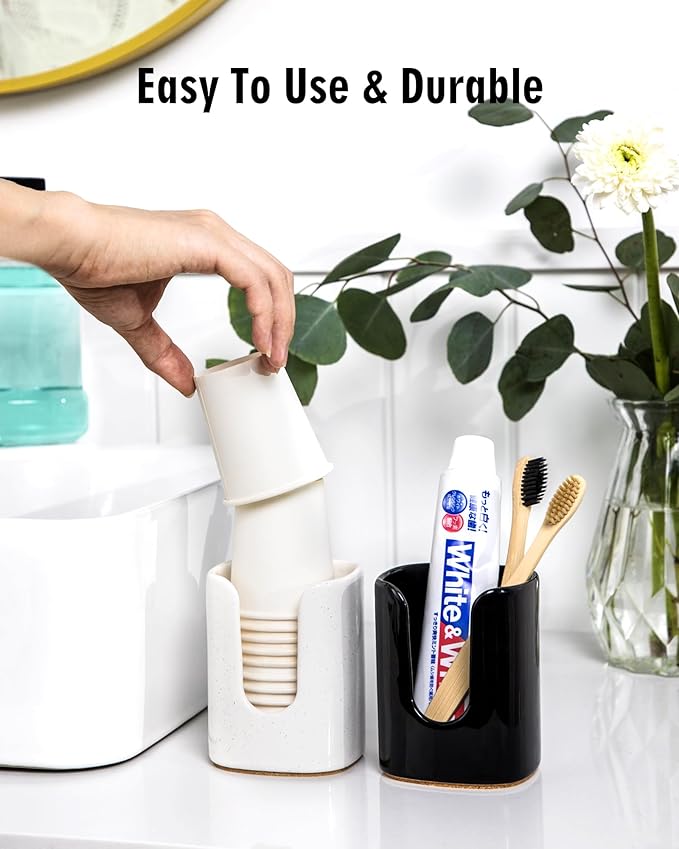5 oz Square Ceramic Bathroom Cup Dispenser for Kids and Pregnancy - Disposable Paper Cup Holder for Mouthwash Cups on Bathroom Vanity Countertop (2 Pack, White)