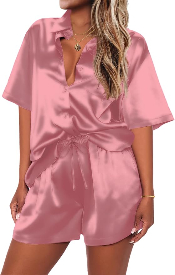 Ekouaer Pajamas for Women Set Silk Satin Pjs Shorts Sleepwear 2 Piece Loungewear S-XXL