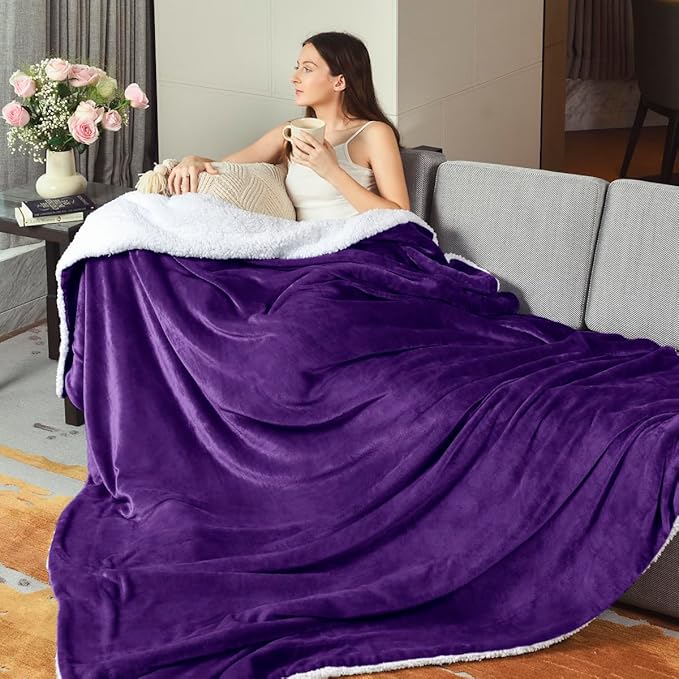 KAWAHOME Sherpa Fleece Twin Size Blanket for Bed - Extra Warm and Heavy Thick Blankets for Winter, Super Soft 500GSM Plush Blanket, 66"X 90" Purple